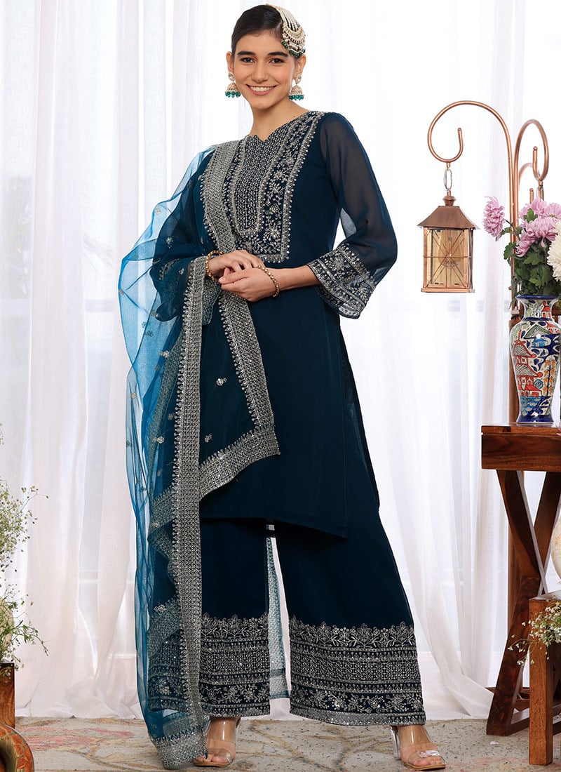 Teal Green Faux Georgette Embroidered Pakistani Suit