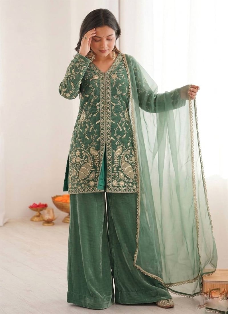 Teal Green Fendy Silk Embroidered Sequins Palazzo Suit Festive Wear