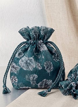Teal Green Floral Printed Organza Potli Bag
