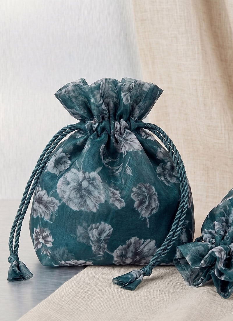 Teal Green Floral Printed Organza Potli Bag