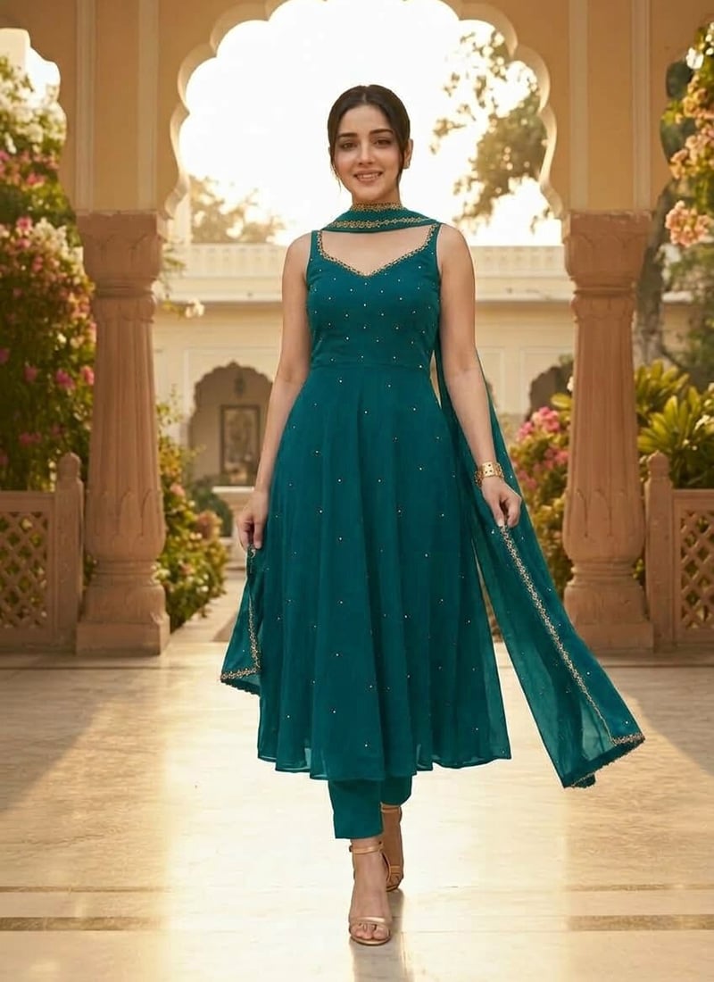 Teal Green Georgette Cutdana Sequins Anarkali Suit Festive Wear