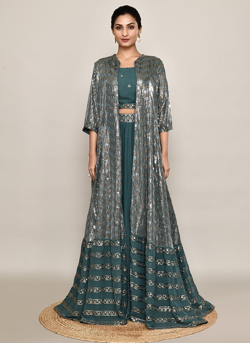 Teal Green Georgette Embroidered Sequins Indowestern Jacket Lehenga Festive Wear
