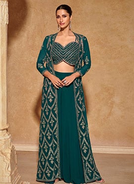 Teal Green Georgette Embroidered Sequins Indowestern Jacket Palazzo Suit