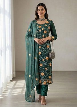 Teal Green Georgette Embroidered Sequins Thread Straight Pant Suit