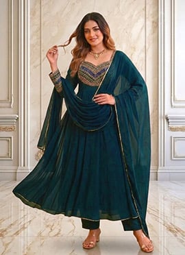 Teal Green Georgette Hand Embroidered Sequins With Stone Work Anarkali Suit