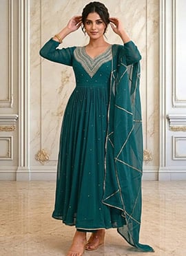 Teal Green Georgette Hand Embroiodered With Beads Work Anarkali Suit