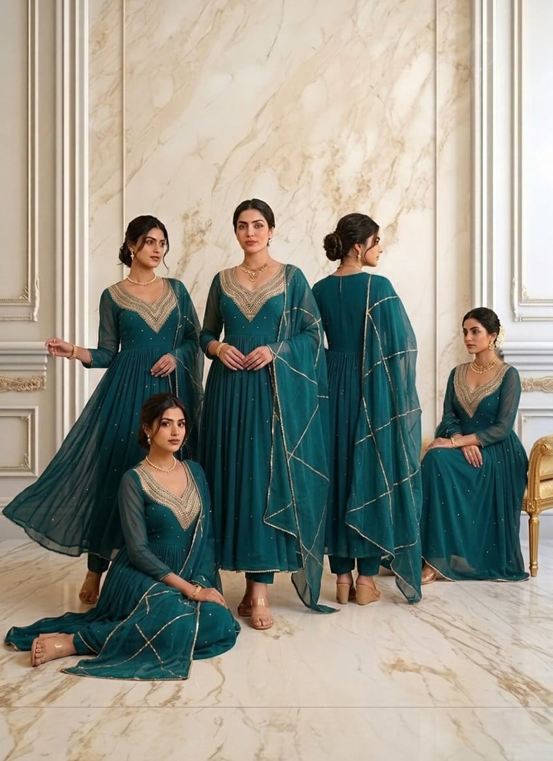Teal Green Georgette Hand Embroiodered With Beads Work Anarkali Suit Wedding Wear