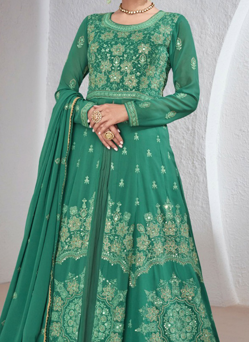 Green Sequins Front Slit Wedding Wear Anarkali Lehenga
