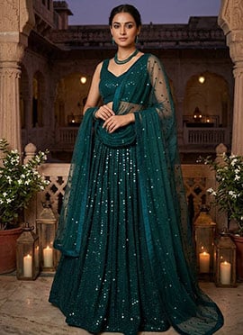 Teal Green Georgette Sequins Embellished Lehenga