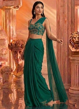 Teal Green Georgette Zardosi Sequins With Stones Pre Draped Indo Western