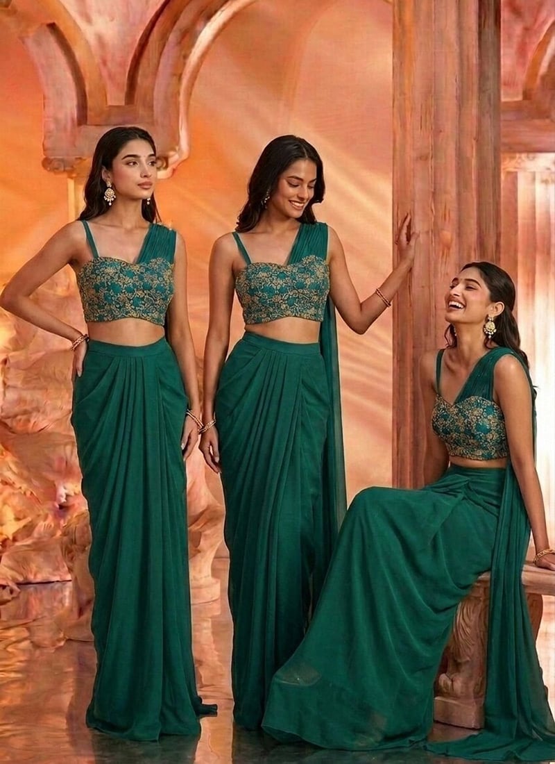 Teal Green Georgette Zardosi Sequins With Stones Pre Draped Indo Western Wedding Wear