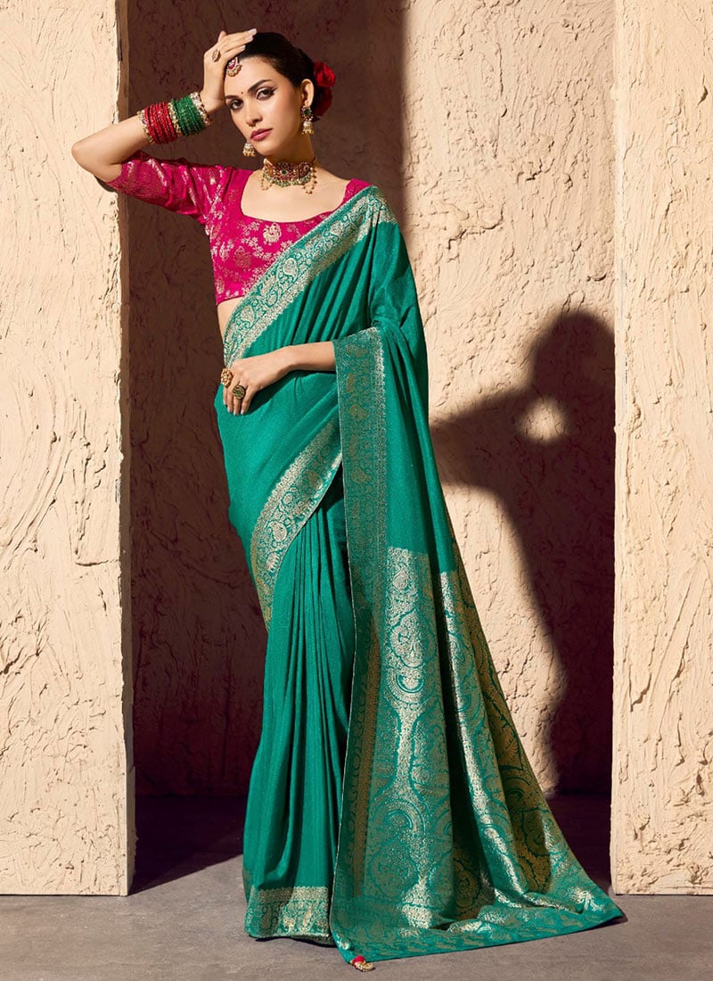 Teal Green Georgette Zari Embroidered Saree Festive Wear