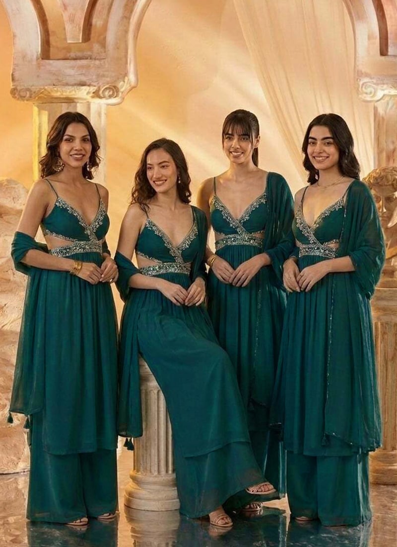 Teal Green Georgette Zari Hand Embroidered Stone With Beads Work Palazzo Suit After Six Wear