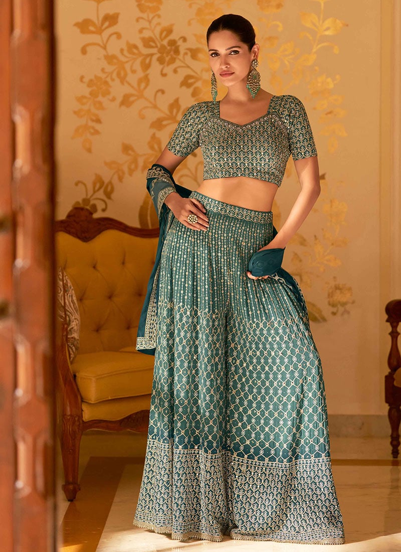 Teal Green Georgette Zari Sequins Embroidered Indowestern Palazzo Set Wedding Wear