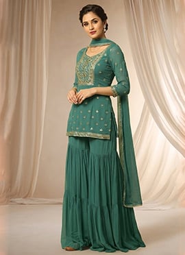 Teal Green Georgette Zari Sequins Sharara Suit