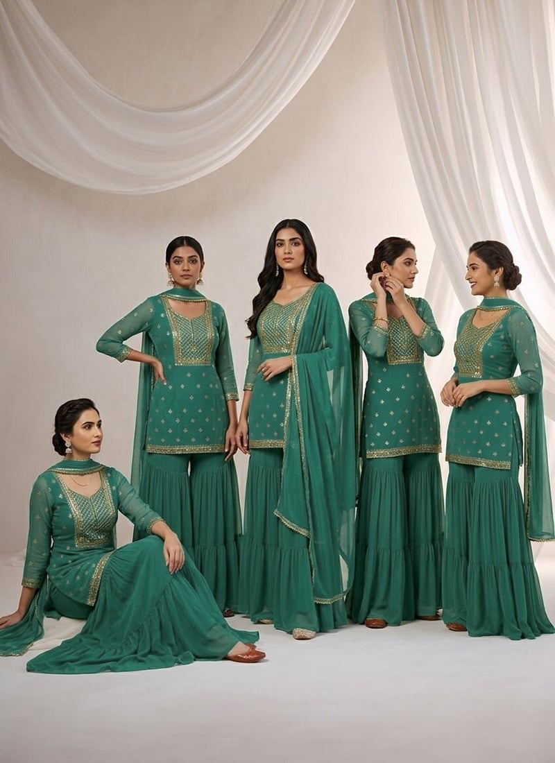 Teal Green Georgette Zari Sequins Sharara Suit Festive Wear