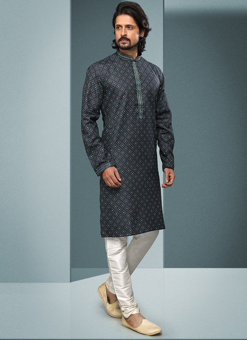 Dark Grey Handloom Cotton Printed Kurta Pyjama Party Wear