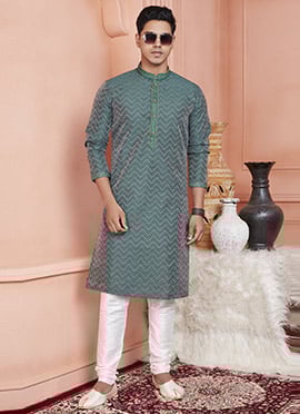 Teal Green Jacquard Banarasi Silk Zari Work Kurta Pyjama For Men
