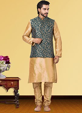 Teal Green Jacquard Silk Bandi Set