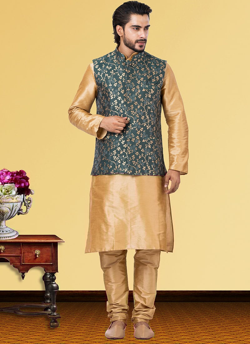 Teal Green Jacquard Silk Bandi Set Party Wear