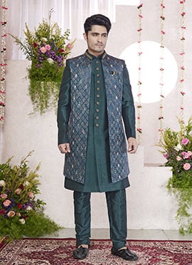 Teal Green Jacquard Silk Indowestern Sherwani Wedding Wear