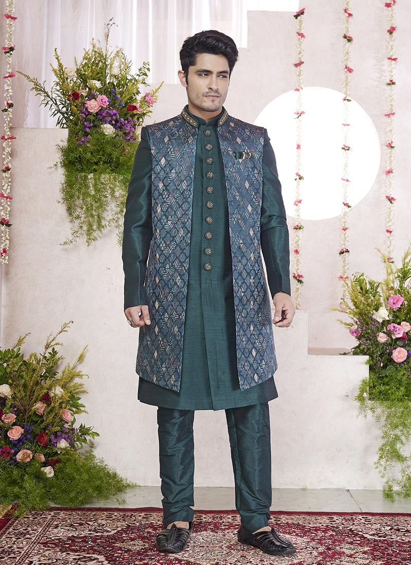Teal Green Jacquard Silk Indowestern Sherwani Wedding Wear
