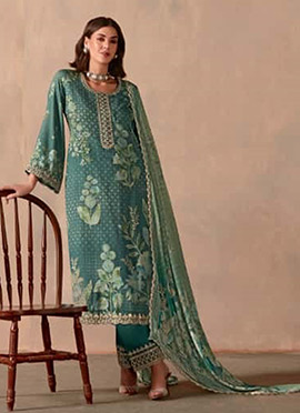 Teal Green Muslin Digital Printed With Gota Work And Embroidered Straight Pant Suit