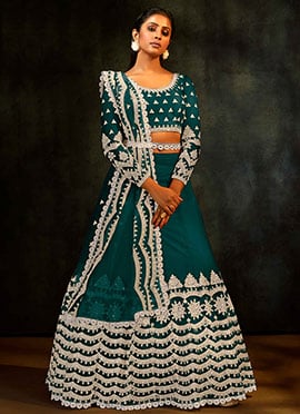 Teal Green Net Embroidered N Sequins A Line Lehenga