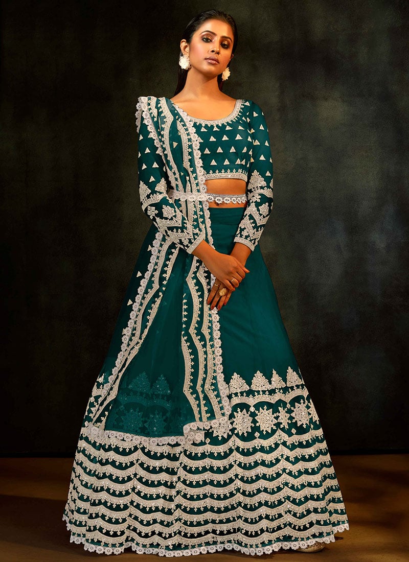 Teal Green Net Embroidered N Sequins A Line Lehenga Wedding Wear