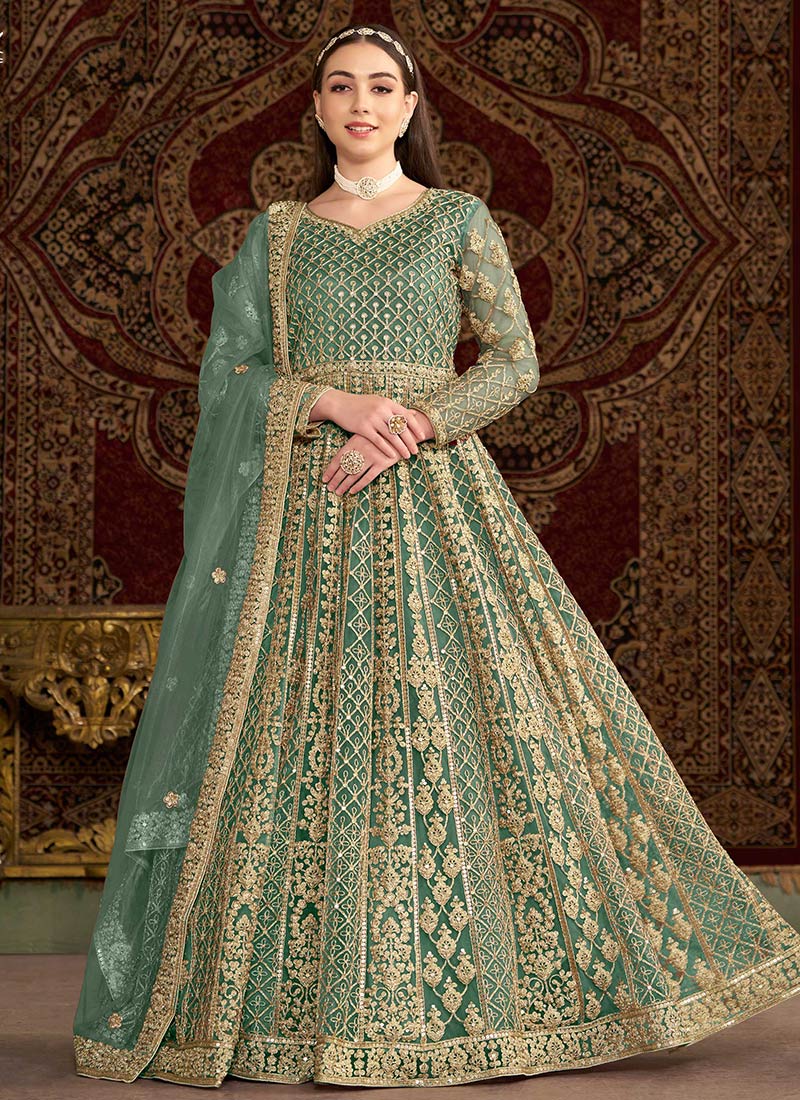Teal Green Net Embroidered Sequins Stunning Anarkali Suit Wedding Wear