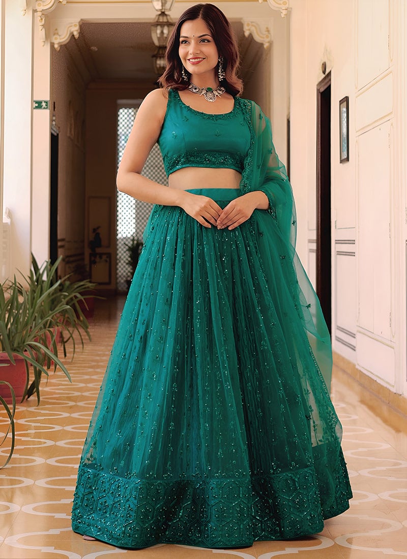 Teal Green Net Sequins Embroidered Lehenga