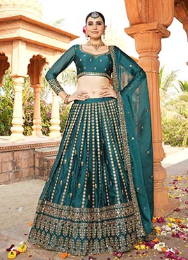 Teal Green Organza Zari Embroidered Sequins Elegant Lehenga