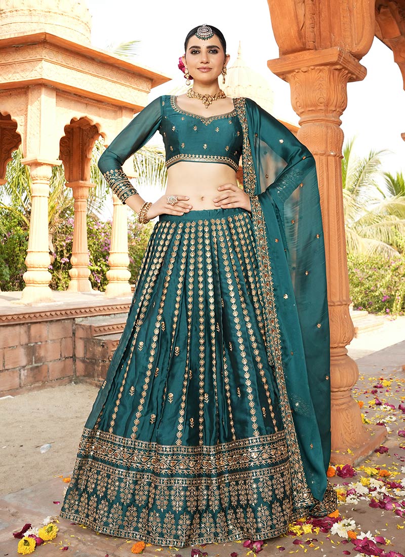 Teal Green Organza Zari Embroidered Sequins Elegant Lehenga Wedding Wear-GHSCBEP7069GN