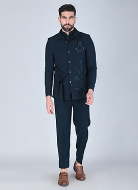 Teal Green Polyester Cotton Embroidered Bandhgala Suit