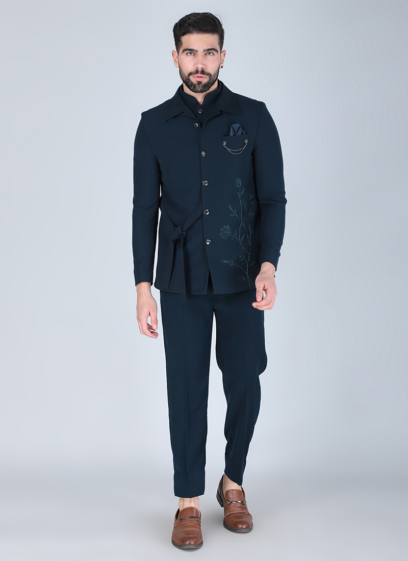 Teal Green Polyester Cotton Embroidered Bandhgala Suit Wedding Wear