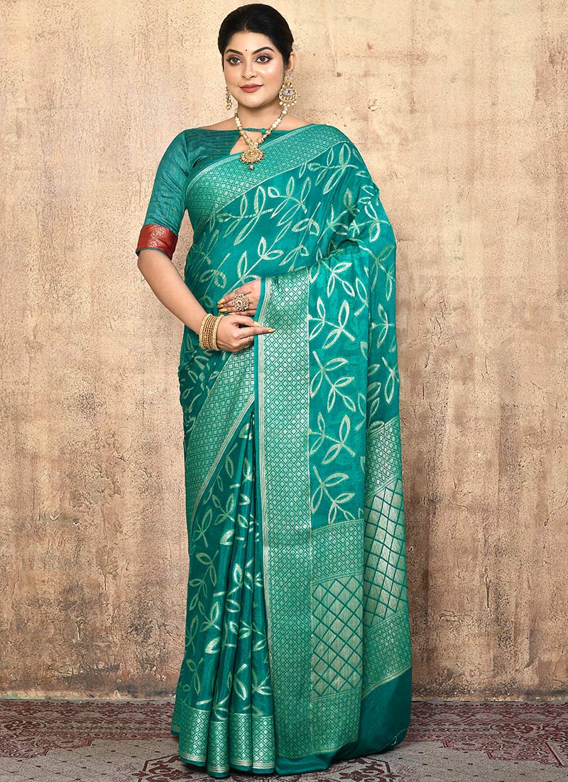 Teal Color Zari Woven Soft Silk Saree