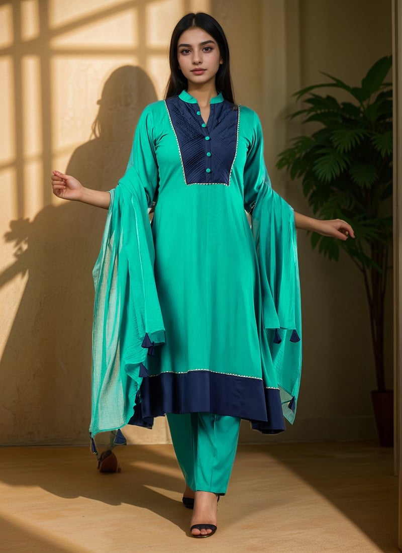 Teal Green Rayon A Line Straight Pant Suit