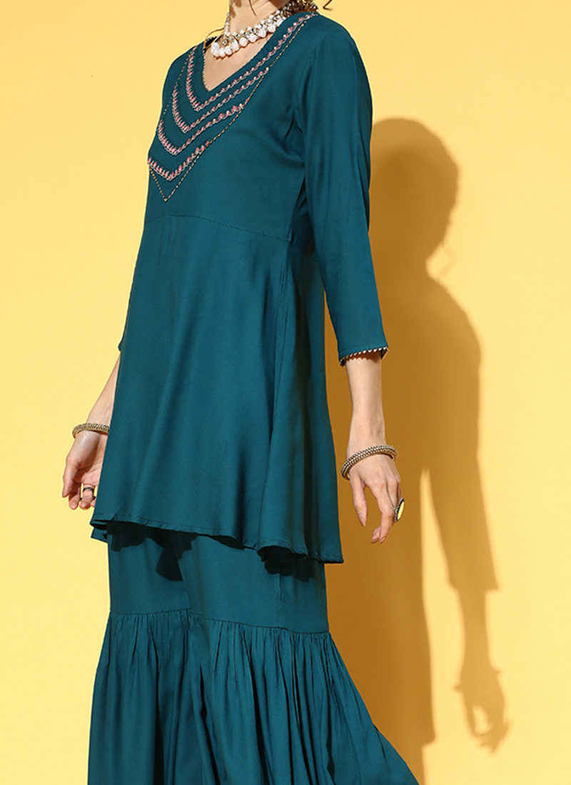 Buy Teal Green Rayon Gota Straight Pant Suit After Six Wear Online at