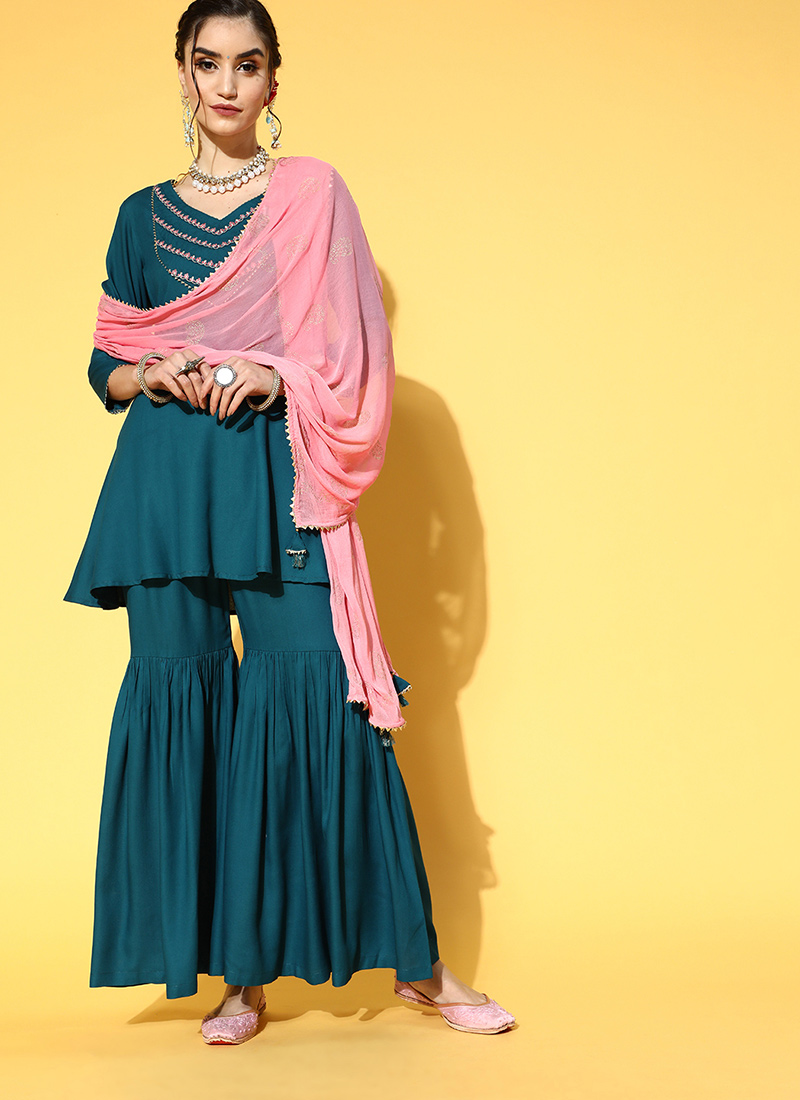 Buy Teal Green Rayon Gota Straight Pant Suit After Six Wear Online at