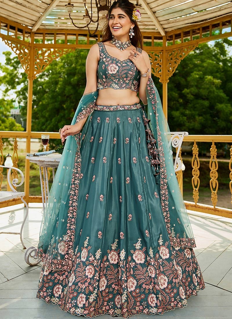 Teal Green Satin Embroidered Sequins Lehenga