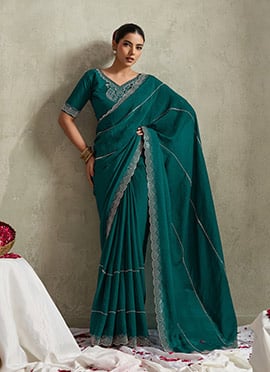 Teal Green Satin Silk Stone Saree