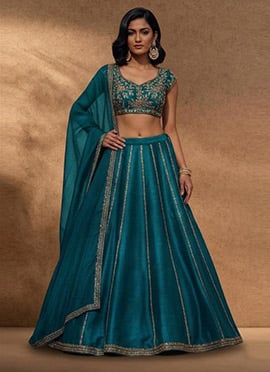 Teal Green Silk Blend Lehenga Set With Zari Sequins