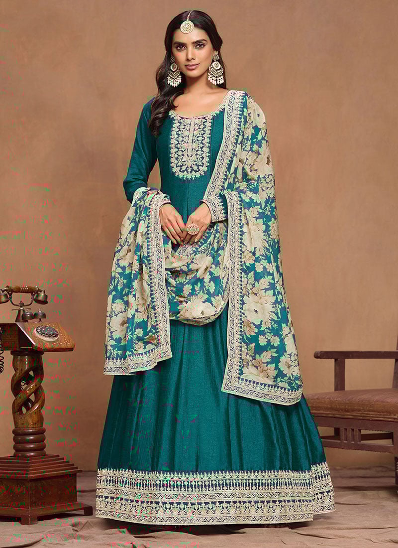 Teal Green Silk Embroidered Sequins Anarkali Suit With Floral Printed Dupatta Festive Wear