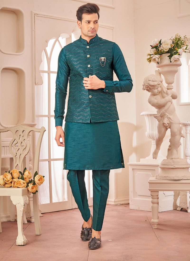 Teal Green Silk Embroidered Sequins Bandi Set