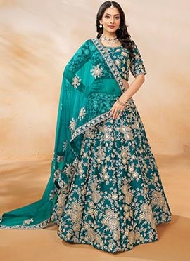 Teal Green Silk Embroidered Sequins Elegant Lehenga