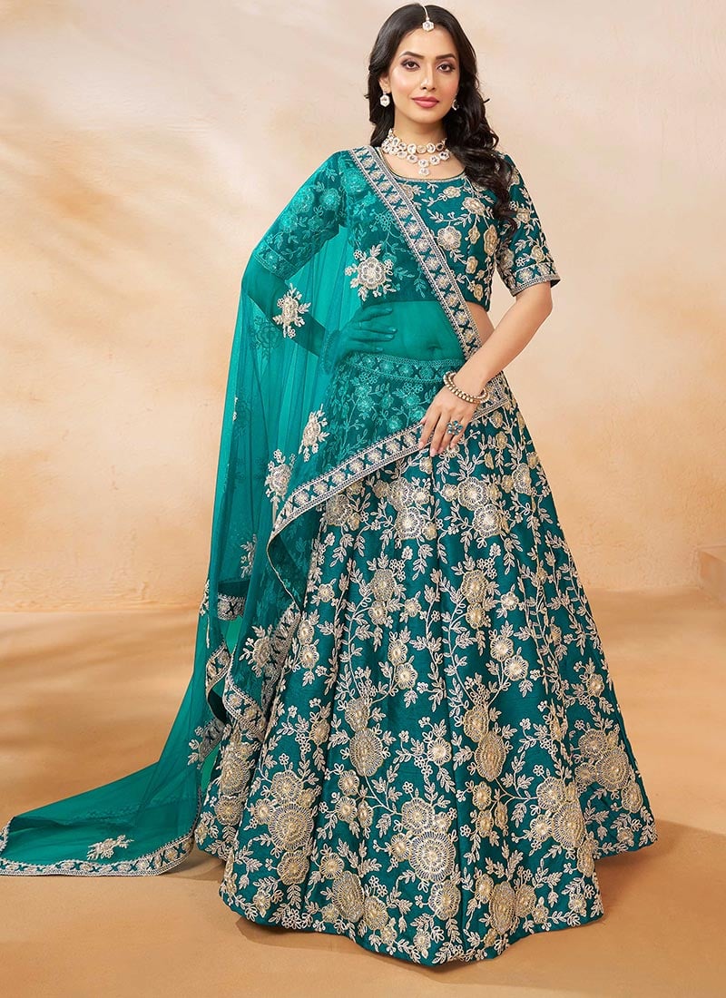 Teal Green Silk Embroidered Sequins Elegant Lehenga Wedding Wear