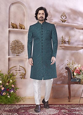 Teal Green Silk Embroidered Sequins Hand Work Indowestern Sherwani