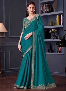 Teal Green Silk Embroidered Sequins Stunning Saree