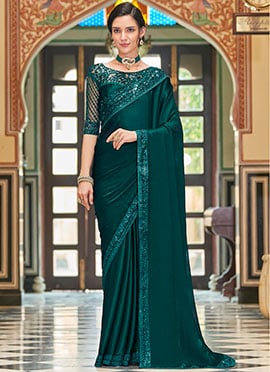 Teal Green Silk Embroidery Work Saree