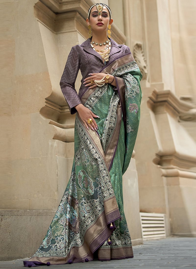 Teal Green Silk Foil Print Saree Festive Wear